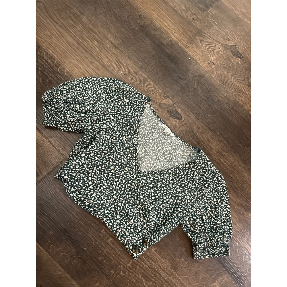 American Eagle Floral V-Neck Crop Top Green White Puff Sleeve Blouse Small